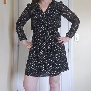 LOFT Black and White Patterned Long Sleeve Dress